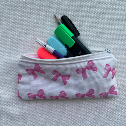 Handmade Quilted Pencil Case: Pink Bow Cotton Zipper Pouch