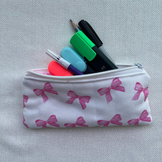 Handmade Quilted Pencil Case: Pink Bow Cotton Zipper Pouch
