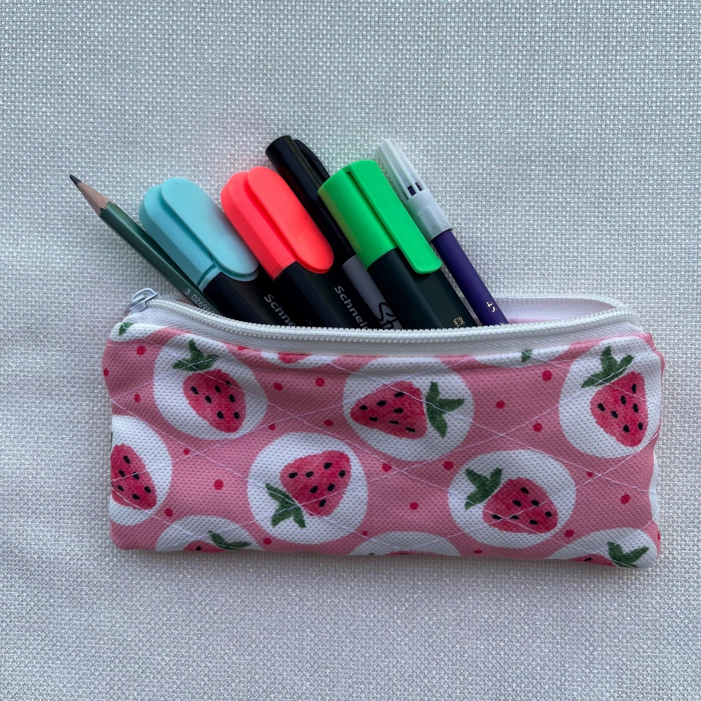 Strawberry Quilted Zipper Pouch: Handmade Cotton Pencil & Glasses Case