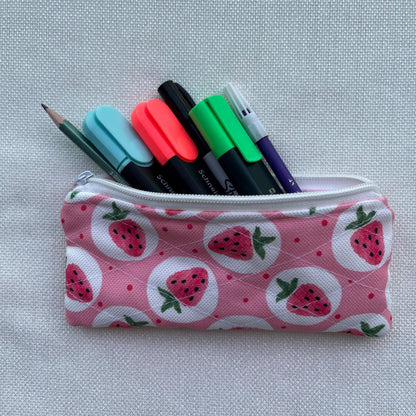 Strawberry Quilted Zipper Pouch: Handmade Cotton Pencil & Glasses Case