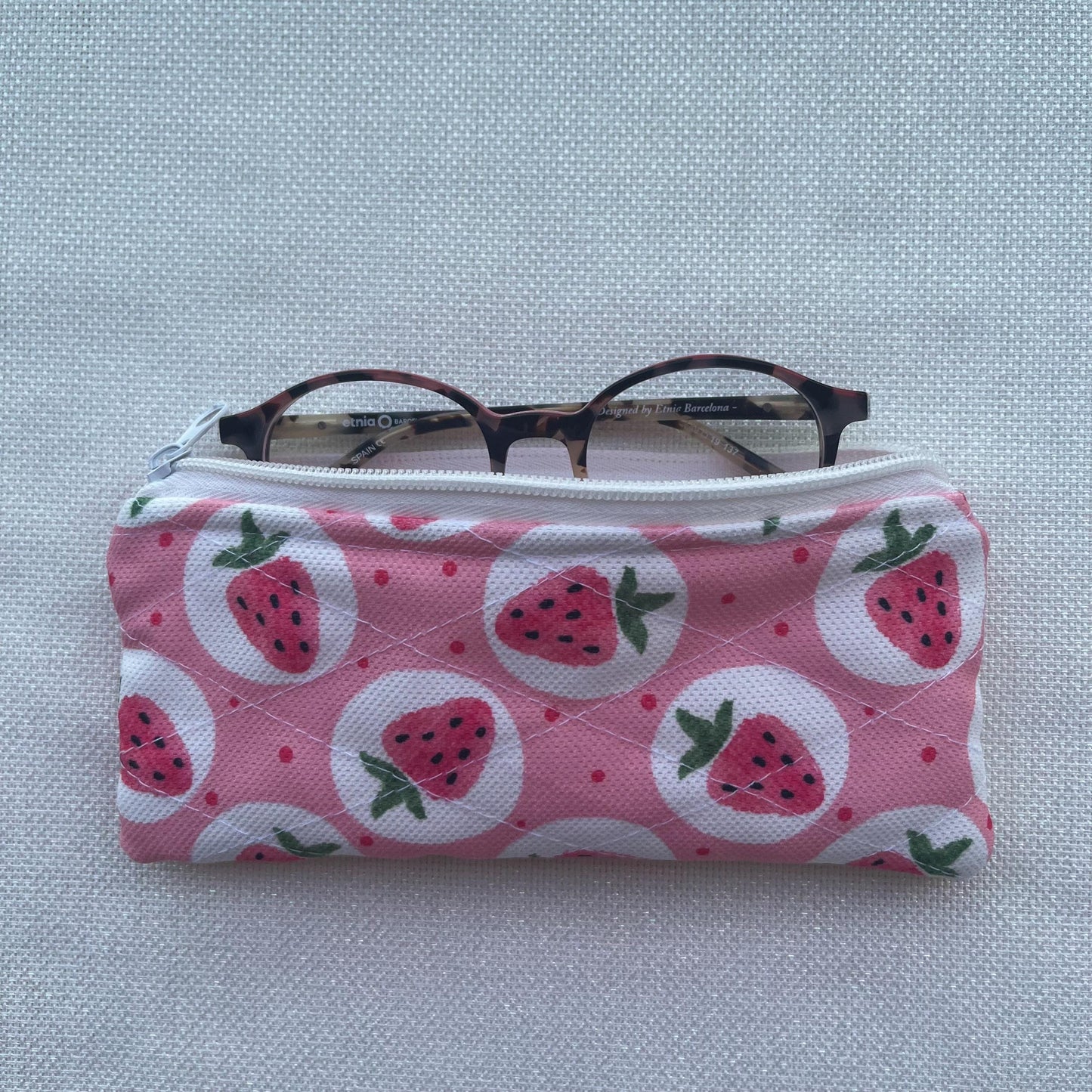 Strawberry Quilted Zipper Pouch: Handmade Cotton Pencil & Glasses Case