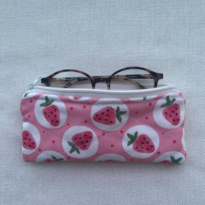Strawberry Quilted Zipper Pouch: Handmade Cotton Pencil & Glasses Case