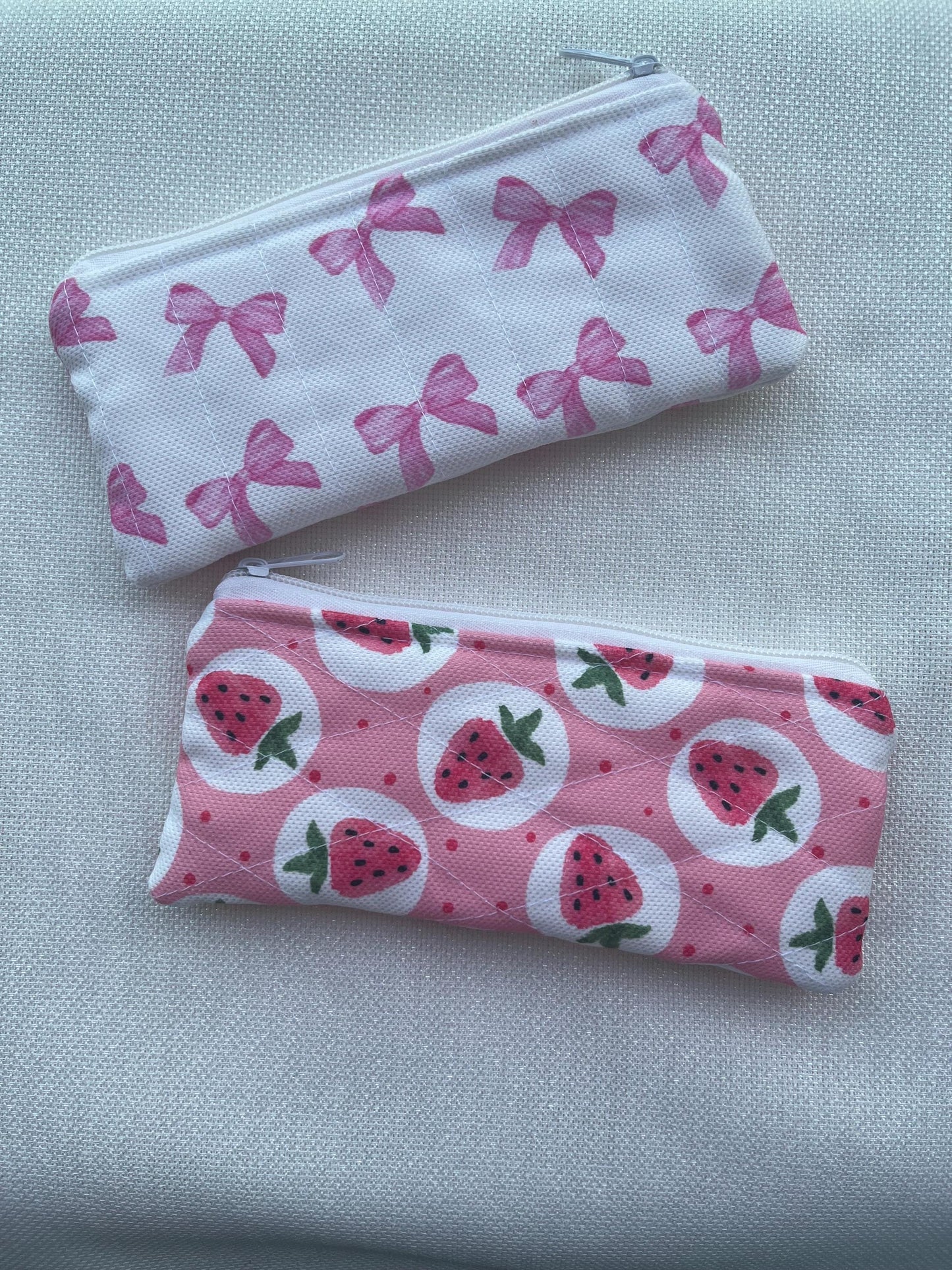 Strawberry Quilted Zipper Pouch: Handmade Cotton Pencil & Glasses Case