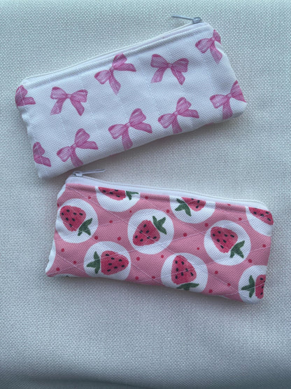 Strawberry Quilted Zipper Pouch: Handmade Cotton Pencil & Glasses Case