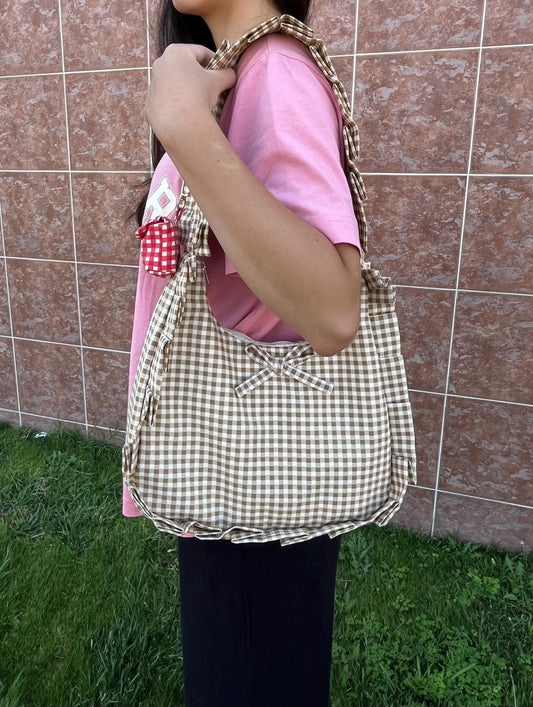 Handmade Gingham Hobo Bag: Cottagecore Linen Shoulder Bag