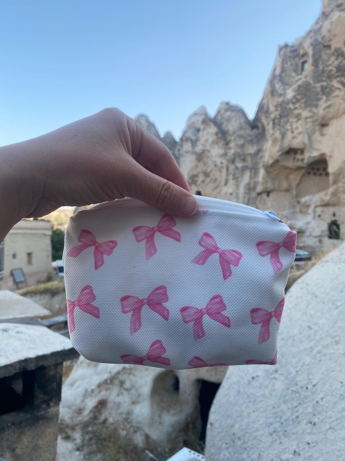 Handmade Pink Bow Mini Makeup Bag Gift for Bridesmaid Coquette Puffy Mini Bag Zipper Pouch Keychain Bag Cosmetic Pouch Wallet Pouch for Her