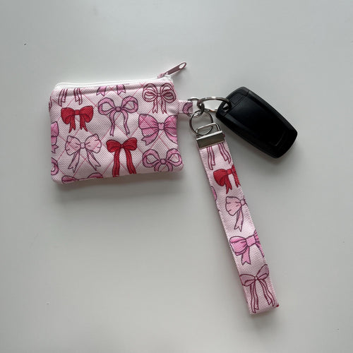 Personalized Quilted Wristlet Pouch: Handmade Pink Bow Keychain Wallet Minimalist ID Badge Holder