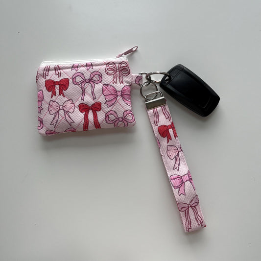 Personalized Quilted Wristlet Pouch: Handmade Pink Bow Keychain Wallet Minimalist ID Badge Holder