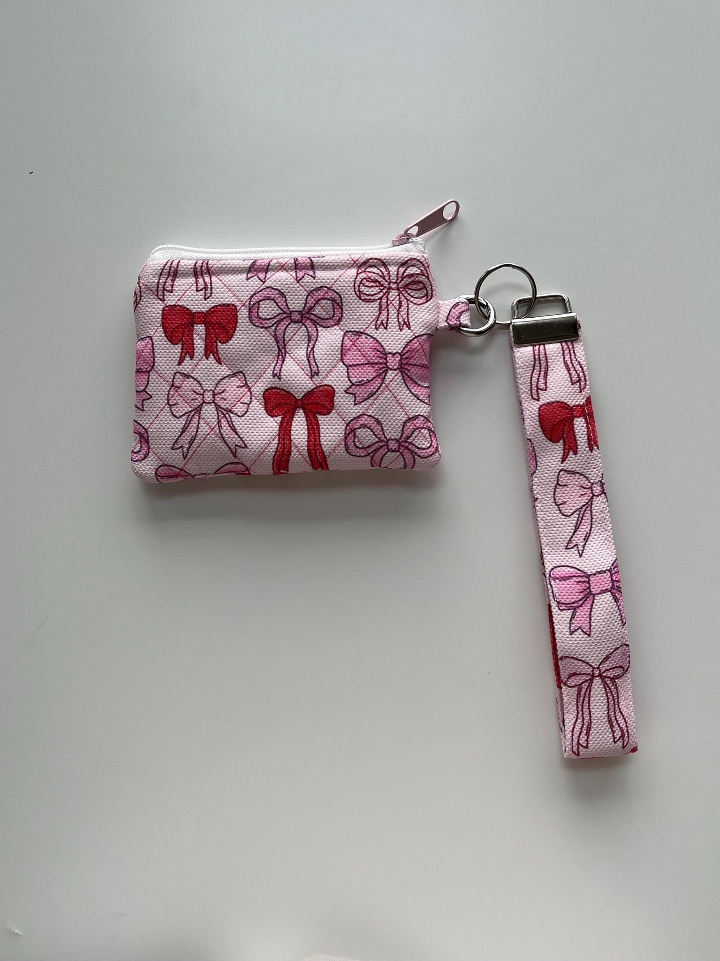 Personalized Quilted Wristlet Pouch: Handmade Pink Bow Keychain Wallet Minimalist ID Badge Holder
