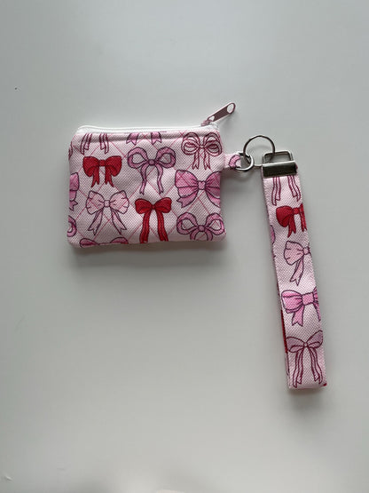 Personalized Quilted Wristlet Pouch: Handmade Pink Bow Keychain Wallet Minimalist ID Badge Holder