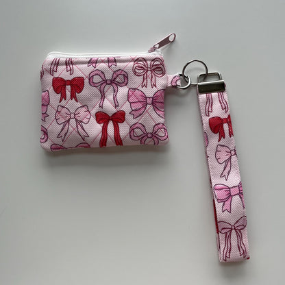 Personalized Quilted Wristlet Pouch: Handmade Pink Bow Keychain Wallet Minimalist ID Badge Holder