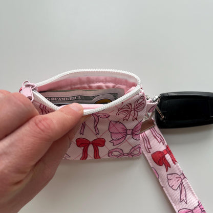 Personalized Quilted Wristlet Pouch: Handmade Pink Bow Keychain Wallet Minimalist ID Badge Holder