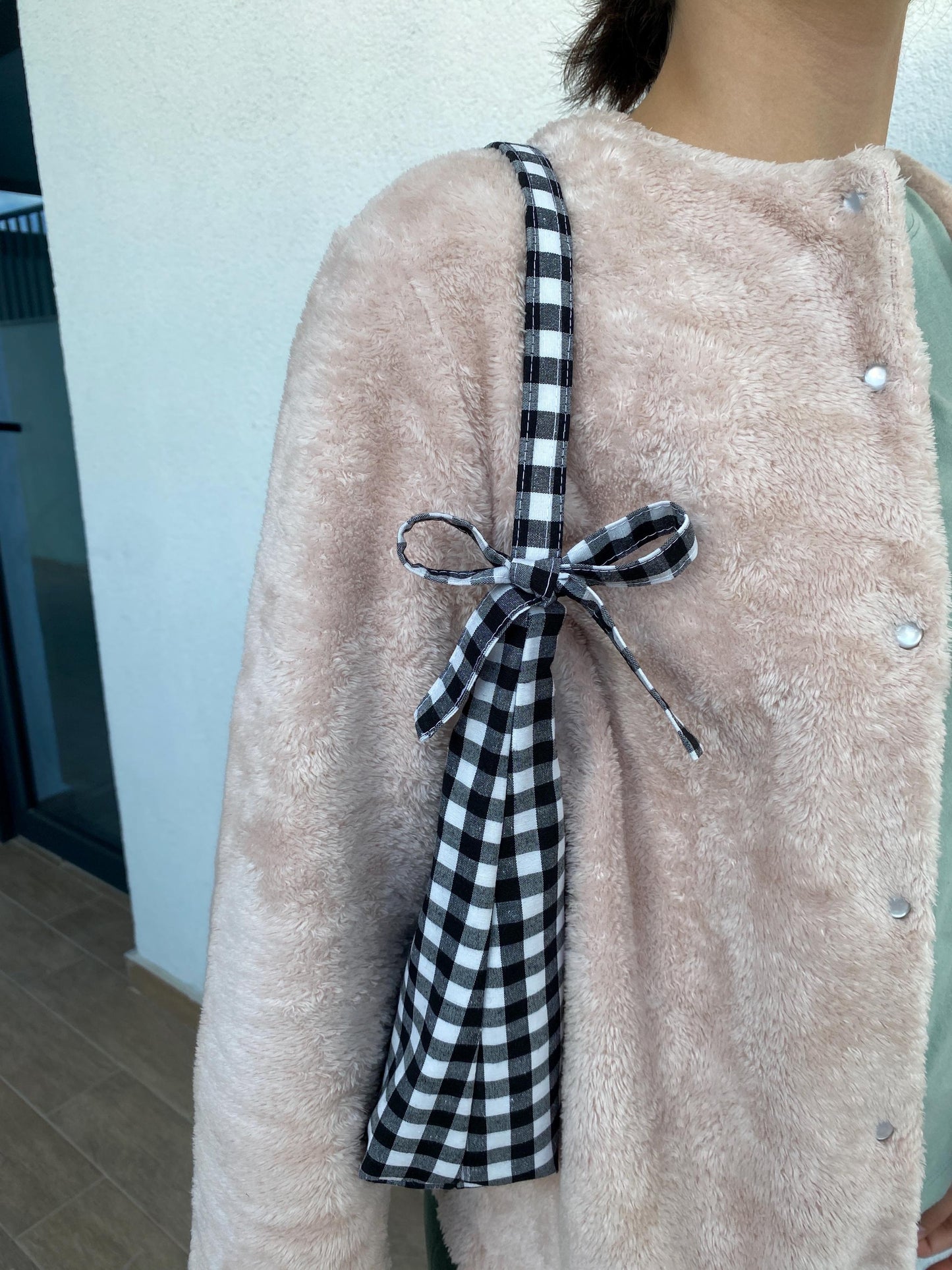 Personalized Handmade Gingham Bow Hobo Bag: Unique Black Checkered Linen Fabric with Ribbon Shoulder Bag