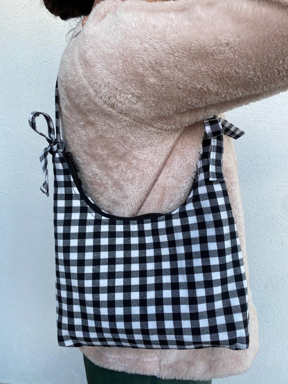 Personalized Handmade Gingham Bow Hobo Bag: Unique Black Checkered Linen Fabric with Ribbon Shoulder Bag