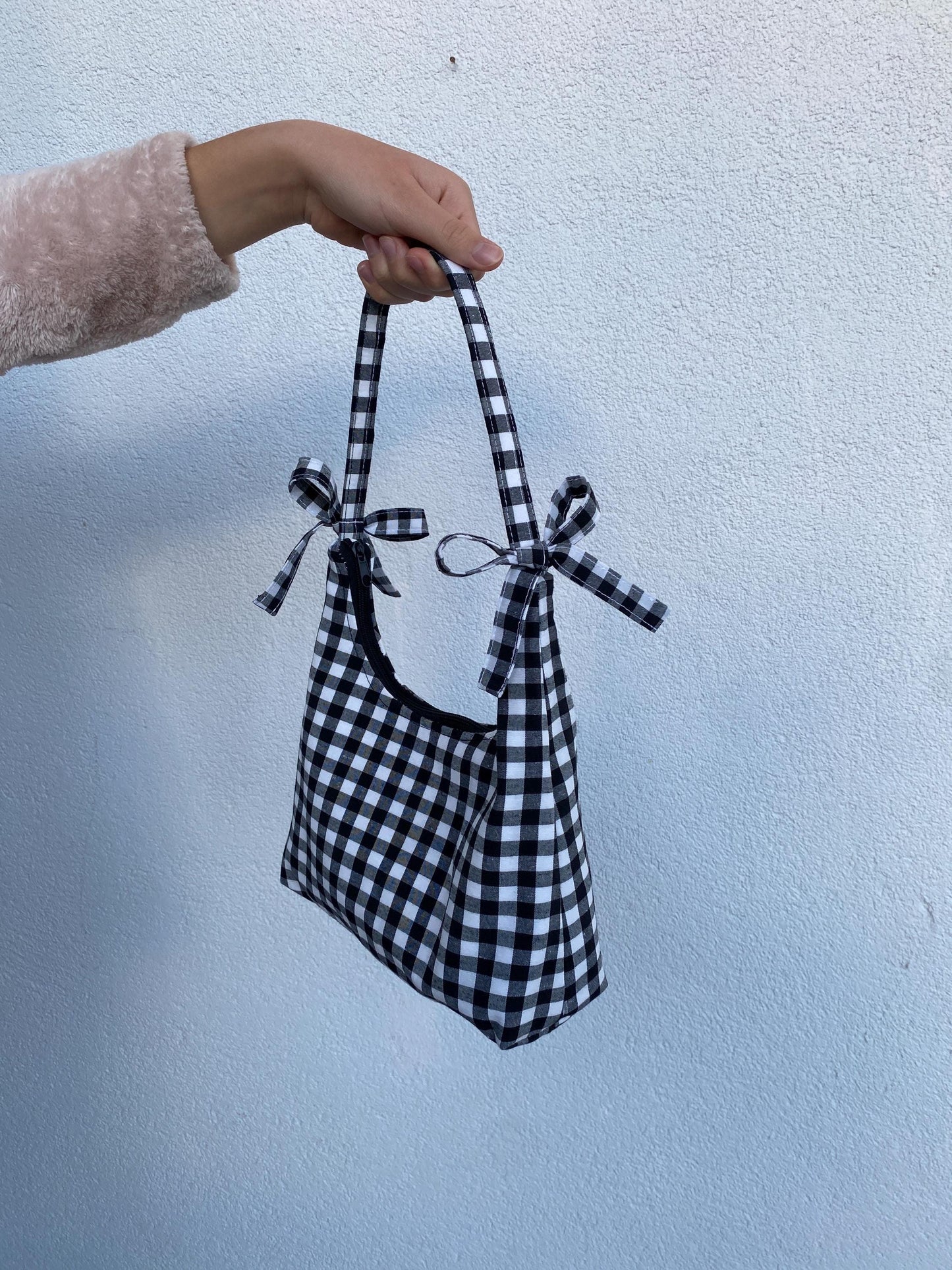 Personalized Handmade Gingham Bow Hobo Bag: Unique Black Checkered Linen Fabric with Ribbon Shoulder Bag