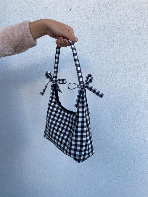 Personalized Handmade Gingham Bow Hobo Bag: Unique Black Checkered Linen Fabric with Ribbon Shoulder Bag