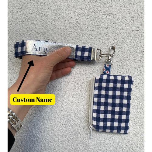 Personalized Handmade Gingham Wristlet Wallet: Checkered Minimalist ID Badge Holder Card Pouch | Small Travel Coin Purse