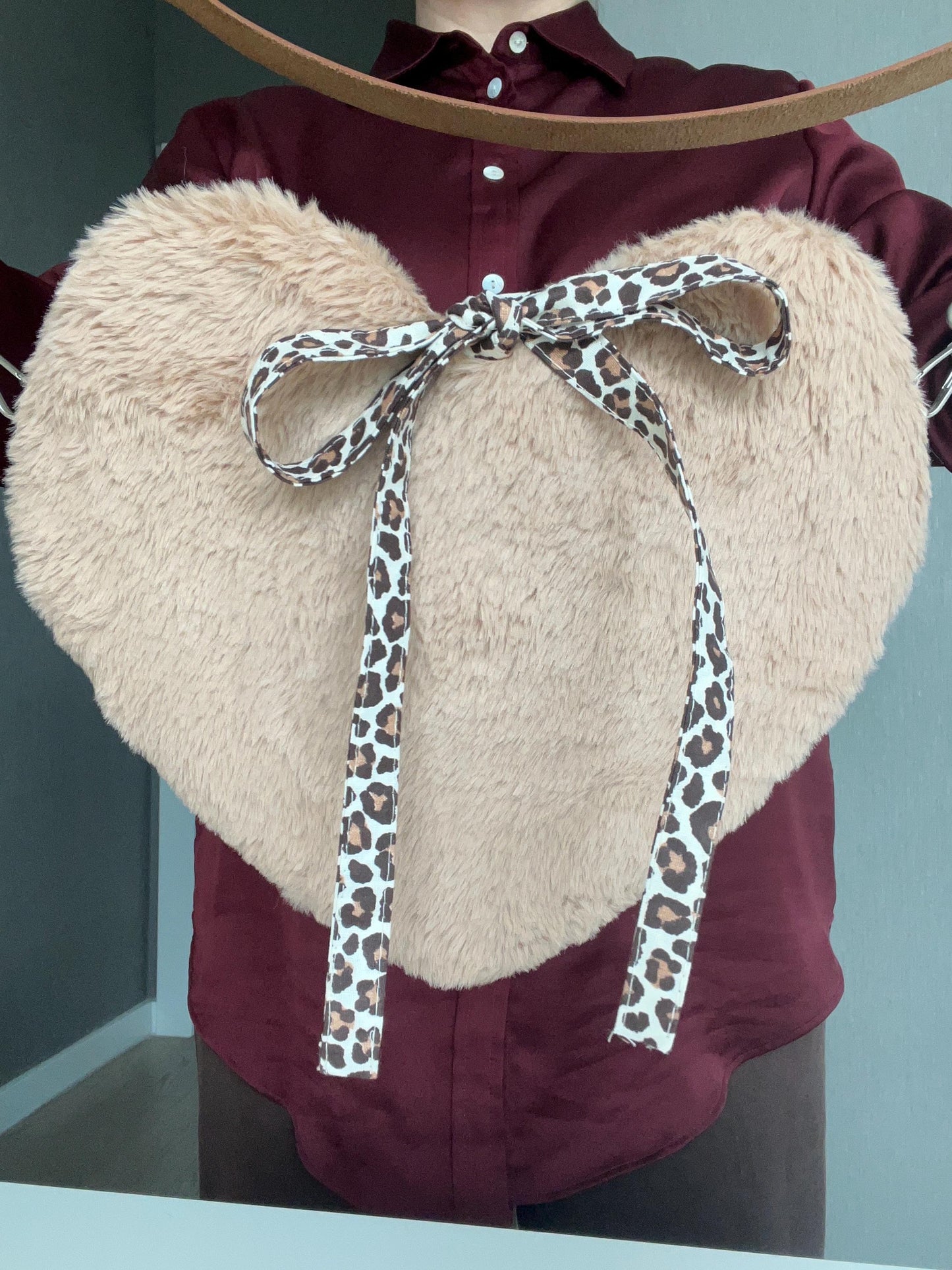 Handmade Heart Shaped Faux Fur Crossbody Bag with Leopard Print Bow, Cute Plush Heart Purse, Coquette Aesthetic Shoulder Bag