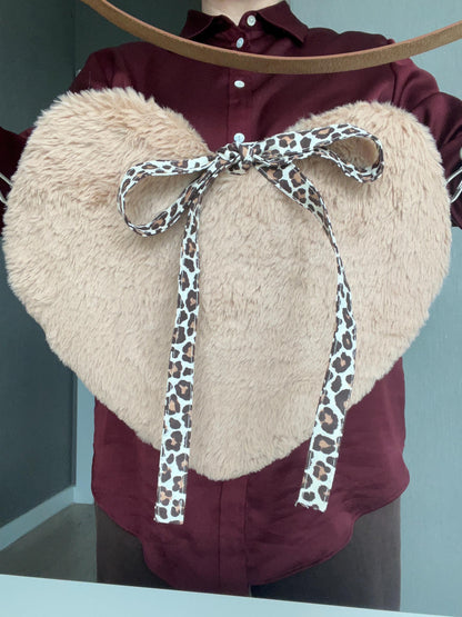 Handmade Heart Shaped Faux Fur Crossbody Bag with Leopard Print Bow, Cute Plush Heart Purse, Coquette Aesthetic Shoulder Bag