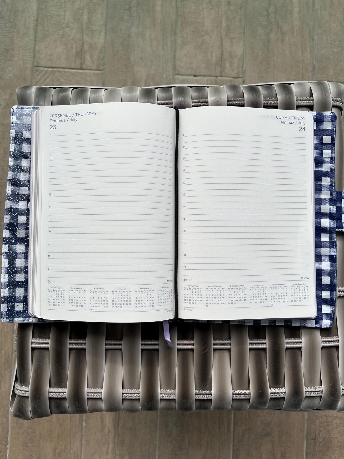 Personalized Vegan Leather Journal Cover: Reversible Blue Gingham Planner Sleeve, Custom Silver Initials Agenda Bag