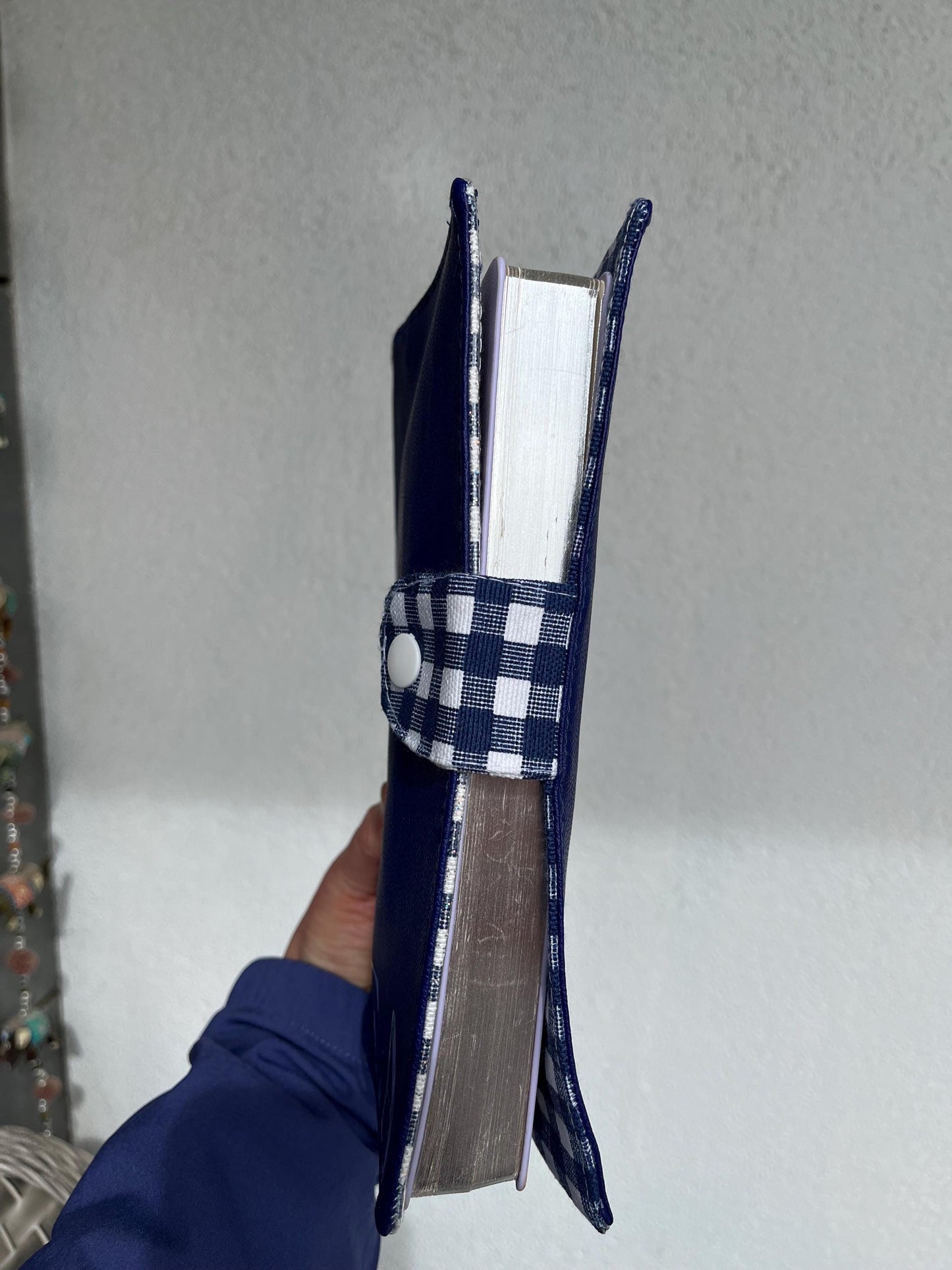 Personalized Vegan Leather Journal Cover: Reversible Blue Gingham Planner Sleeve, Custom Silver Initials Agenda Bag