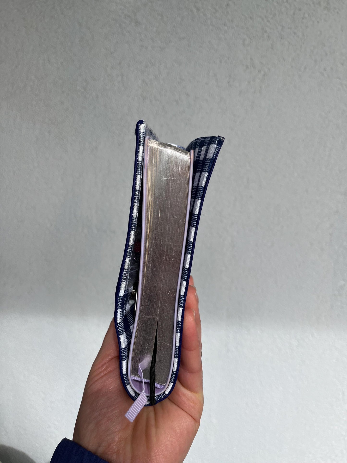 Personalized Vegan Leather Journal Cover: Reversible Blue Gingham Planner Sleeve, Custom Silver Initials Agenda Bag