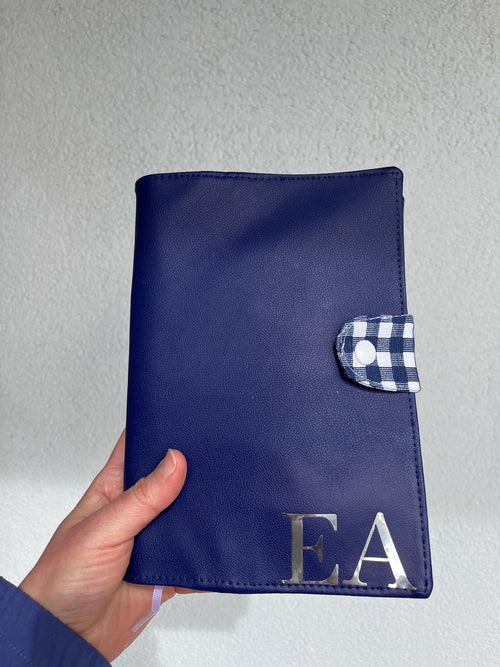 Personalized Vegan Leather Journal Cover: Reversible Blue Gingham Planner Sleeve, Custom Silver Initials Agenda Bag