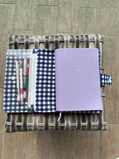 Personalized Vegan Leather Journal Cover: Reversible Blue Gingham Planner Sleeve, Custom Silver Initials Agenda Bag