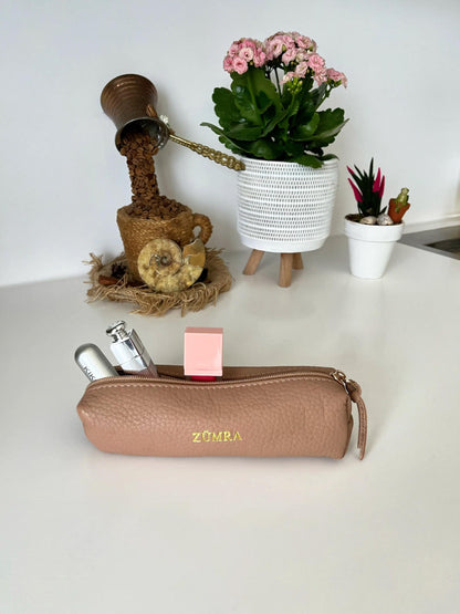 Personalized Leather Mini Makeup Bag/Pencil Case: Custom Pen Pouch, Minimalist Cosmetic Organizer