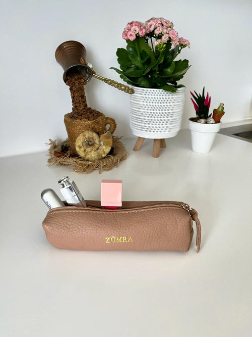 Personalized Leather Mini Makeup Bag/Pencil Case: Custom Pen Pouch, Minimalist Cosmetic Organizer