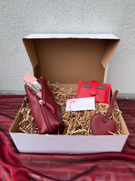 Personalized Gift for Mom : 5 Pcs Genuine Leather Burgundy Set, Custom Name Genuine Leather Gift Set for Mother's Day