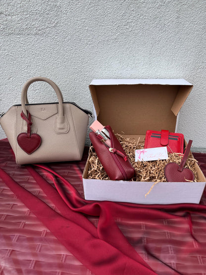 Personalized Gift for Mom : 5 Pcs Genuine Leather Burgundy Set, Custom Name Genuine Leather Gift Set for Mother's Day