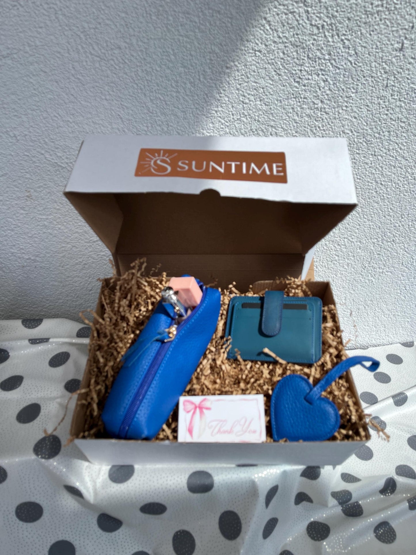 Personalized Blue Genuine Leather Gift Set: Custom Genuine Leather Black Shoulder Bag, Card Holder, Mini Makeup Bag, Heart Charm