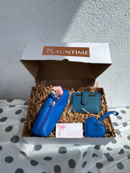 Personalized Blue Genuine Leather Gift Set: Custom Genuine Leather Black Shoulder Bag, Card Holder, Mini Makeup Bag, Heart Charm