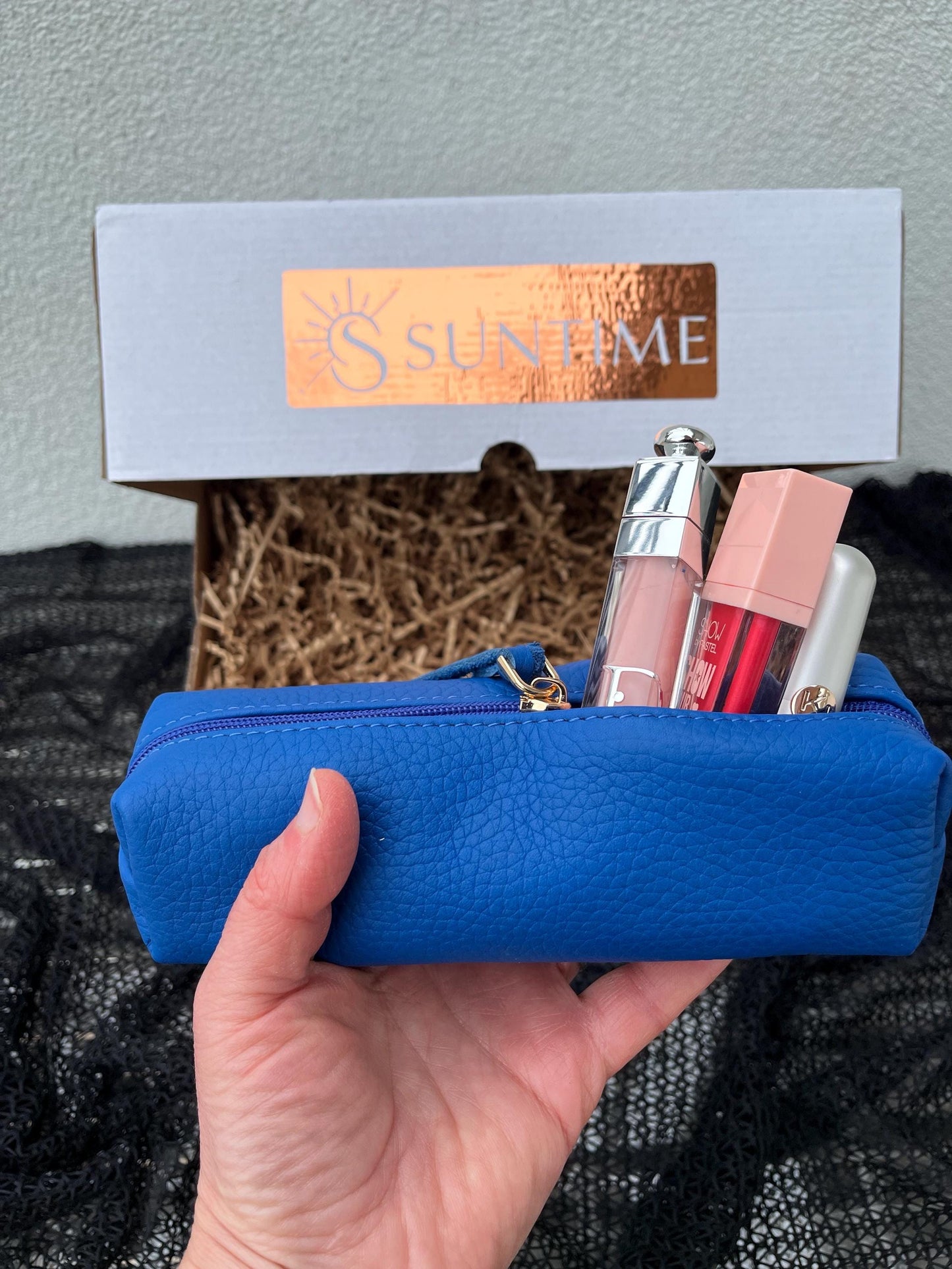 Personalized Blue Genuine Leather Gift Set: Custom Genuine Leather Black Shoulder Bag, Card Holder, Mini Makeup Bag, Heart Charm