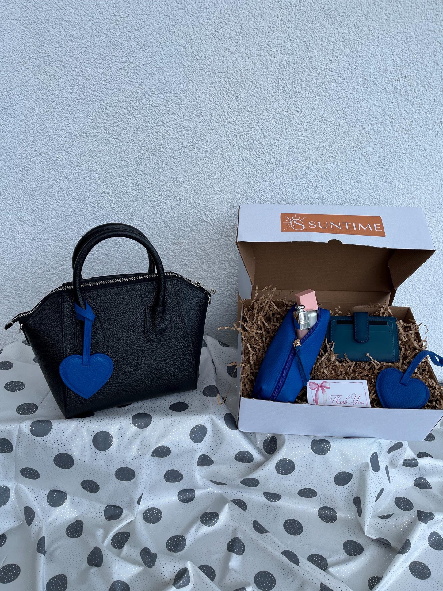 Personalized Blue Genuine Leather Gift Set: Custom Genuine Leather Black Shoulder Bag, Card Holder, Mini Makeup Bag, Heart Charm