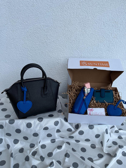 Personalized Blue Genuine Leather Gift Set: Custom Genuine Leather Black Shoulder Bag, Card Holder, Mini Makeup Bag, Heart Charm