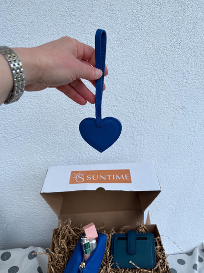 Personalized Blue Genuine Leather Gift Set: Custom Genuine Leather Black Shoulder Bag, Card Holder, Mini Makeup Bag, Heart Charm