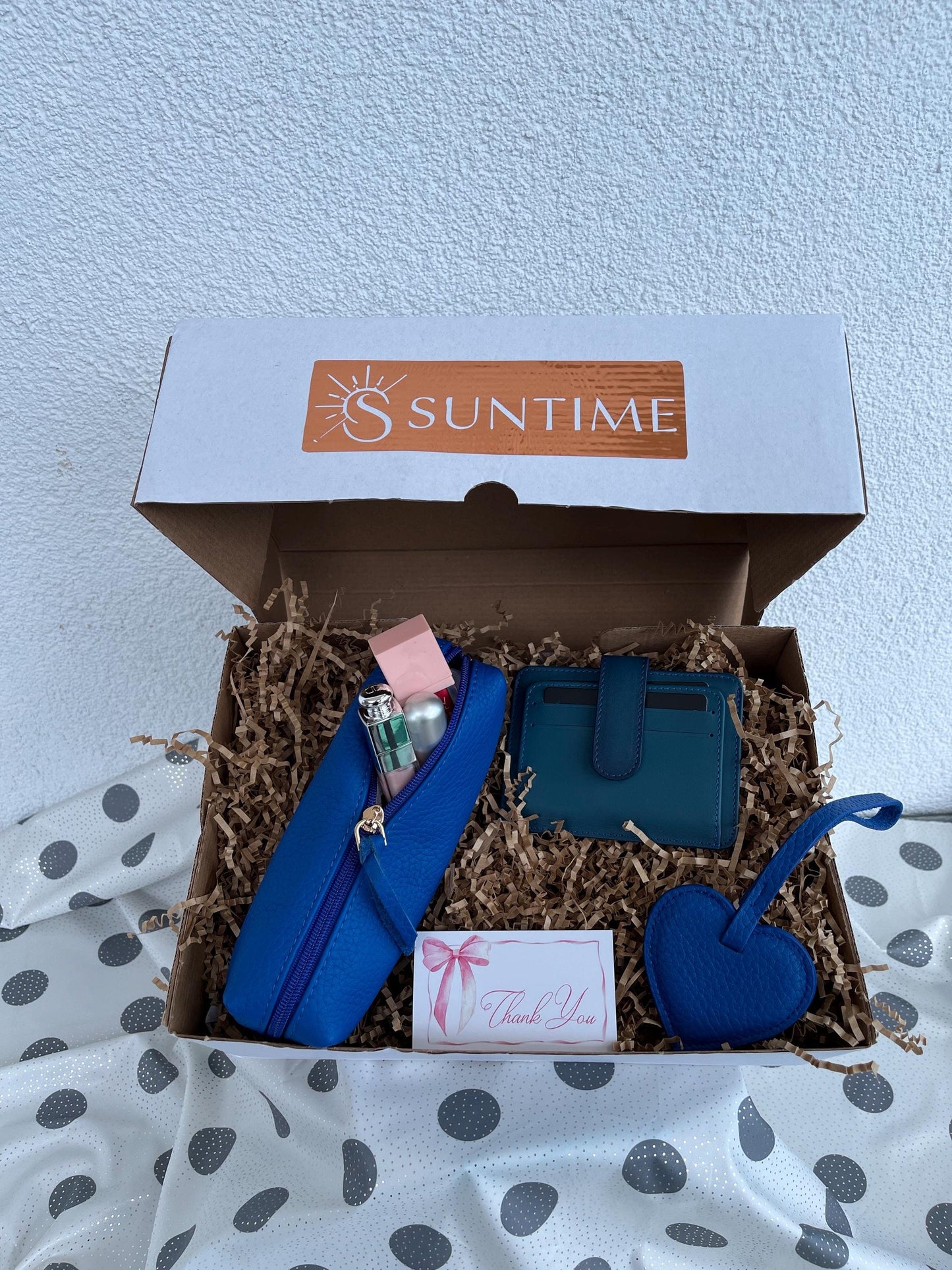 Personalized Blue Genuine Leather Gift Set: Custom Genuine Leather Black Shoulder Bag, Card Holder, Mini Makeup Bag, Heart Charm