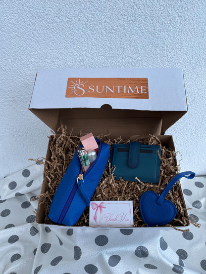 Personalized Blue Genuine Leather Gift Set: Custom Genuine Leather Black Shoulder Bag, Card Holder, Mini Makeup Bag, Heart Charm