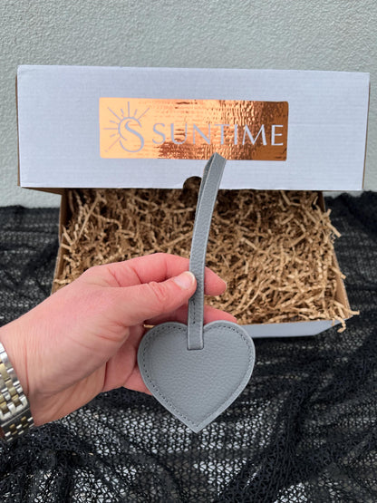 Personalized Grey Leather Gift Set for Mom: Custom Genuine Leather Handbag Matching Card Holder,Mini Makeup Bag  Heart Bag Charm