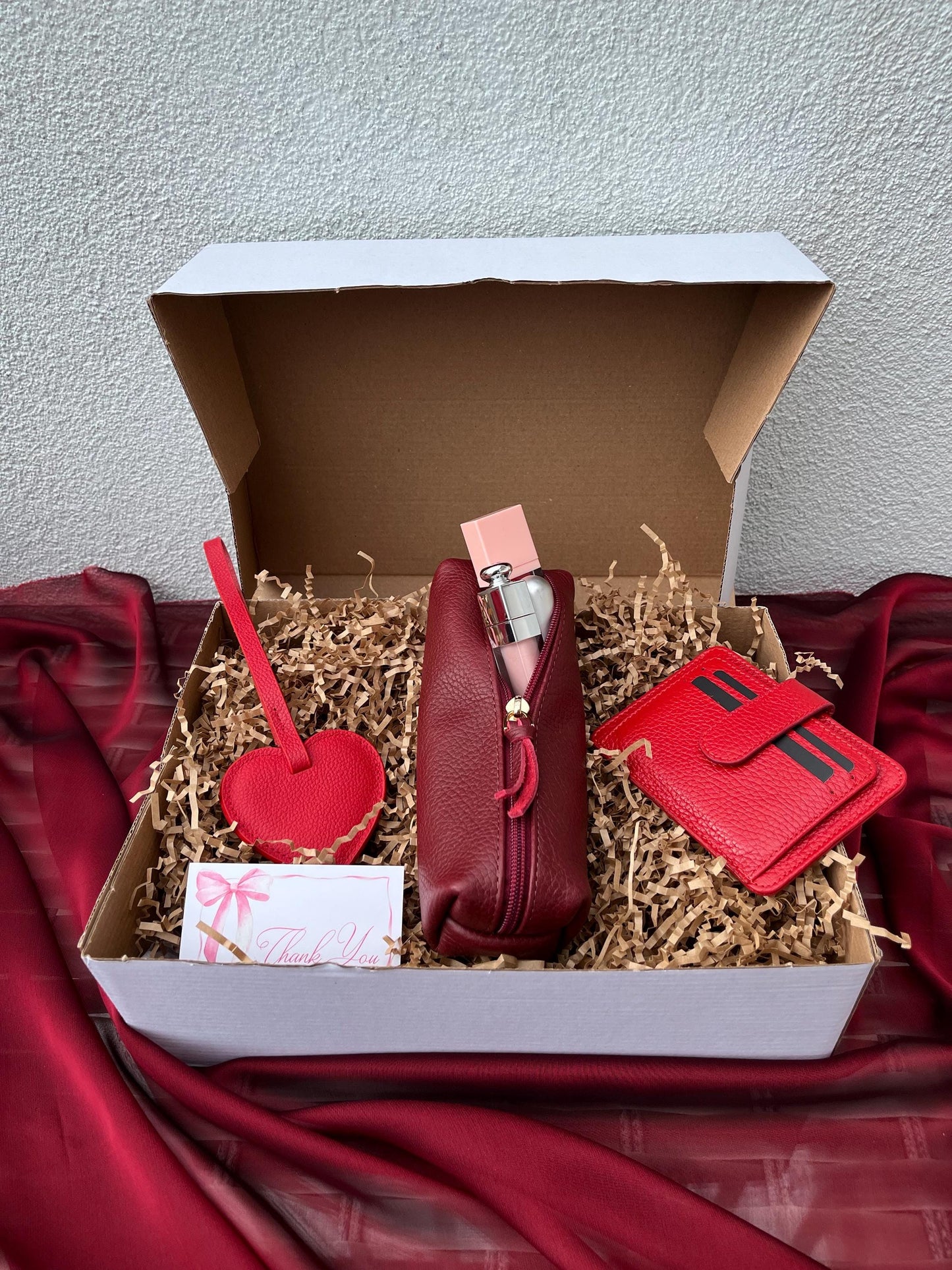 Personalized Red Genuine Leather Gift Set: Custom Genuine Leather Mink Shoulder Bag, Card Holder, Mini Makeup Bag, Heart Charm