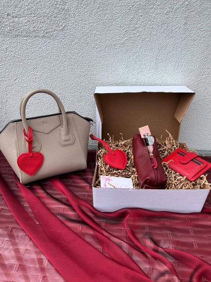 Personalized Red Genuine Leather Gift Set: Custom Genuine Leather Mink Shoulder Bag, Card Holder, Mini Makeup Bag, Heart Charm