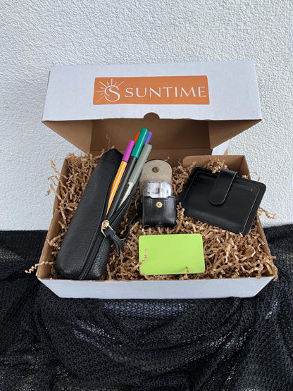 Personalized Black Genuine Leather Gift Set for Men: Custom Embossed Wallet, Initials Pen Case Set, Luxury Birthday Gift