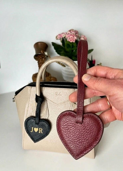 Personalized Leather Heart Bag Charm: Custom Initial Bag Accessories, Handmade Genuine Leather Bag Charms