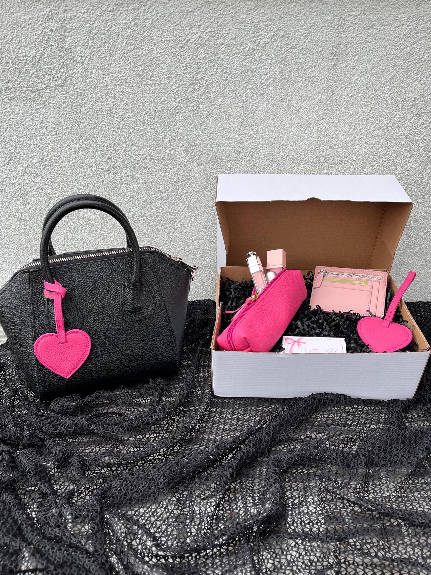 Personalized Pink Genuine Leather Gift Set: Custom Genuine Leather Black Shoulder Bag, Card Holder, Mini Makeup Bag, Heart Charm