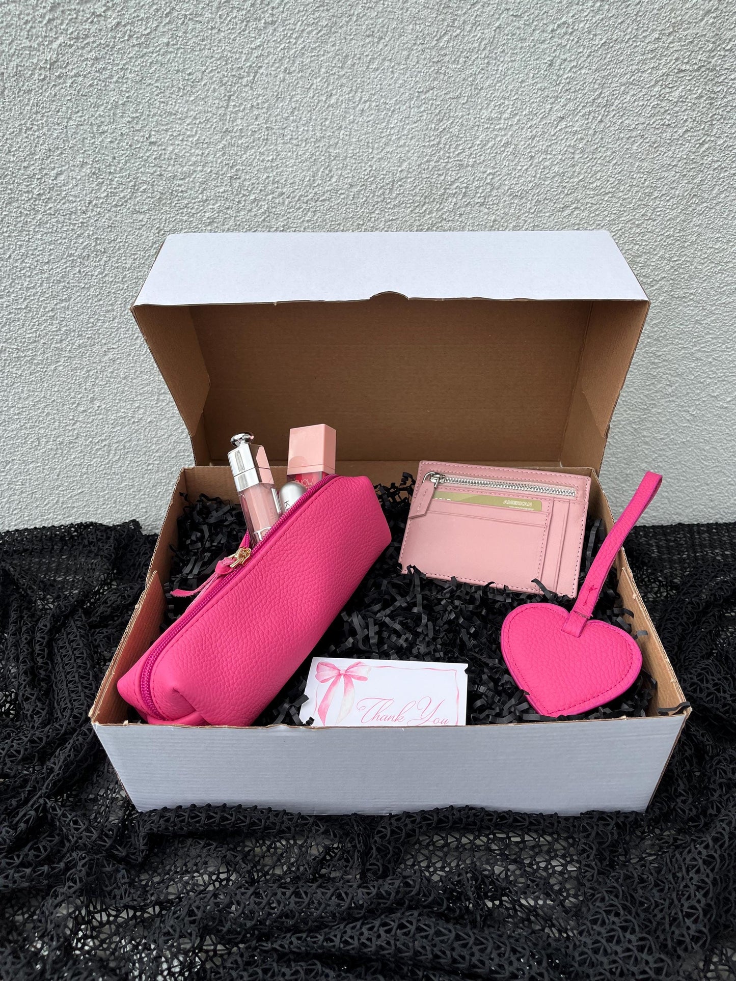 Personalized Pink Genuine Leather Gift Set: Custom Genuine Leather Black Shoulder Bag, Card Holder, Mini Makeup Bag, Heart Charm