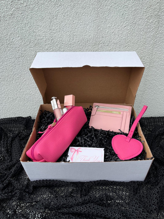 Personalized Pink Genuine Leather Gift Set: Custom Genuine Leather Black Shoulder Bag, Card Holder, Mini Makeup Bag, Heart Charm