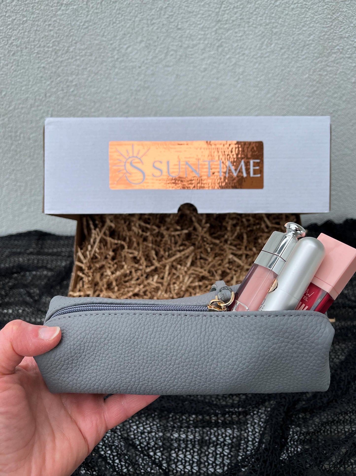 Personalized Grey Leather Gift Set for Mom: Custom Genuine Leather Handbag Matching Card Holder,Mini Makeup Bag  Heart Bag Charm