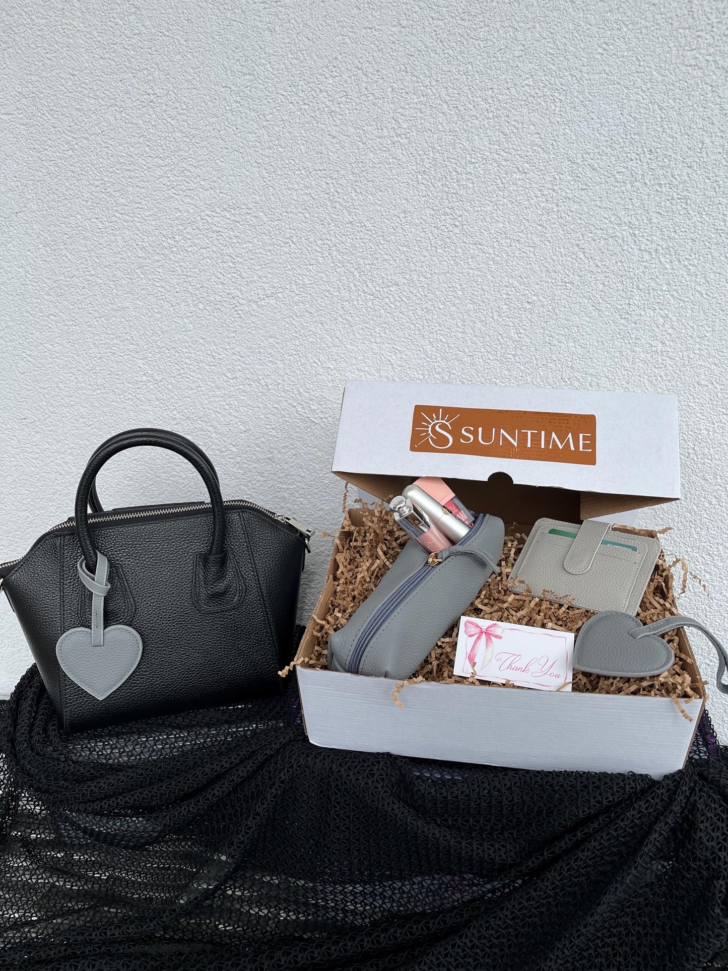 Personalized Grey Leather Gift Set for Mom: Custom Genuine Leather Handbag Matching Card Holder,Mini Makeup Bag  Heart Bag Charm